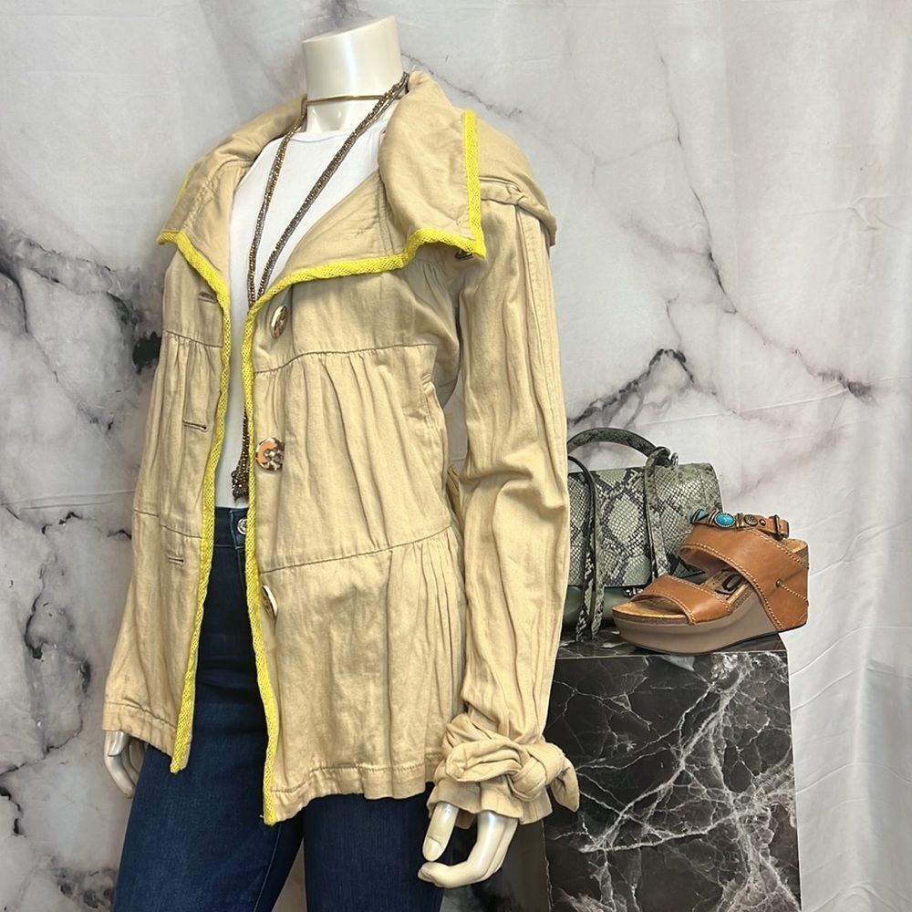 * Anthropology khaki jacket with yellow trim and abstract buttons